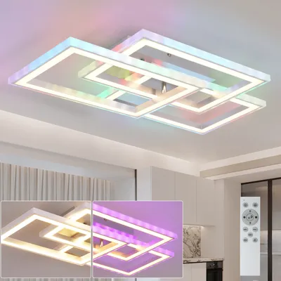 A modern, multi-tiered rectangular LED ceiling light fixture with integrated RGB color-changing LEDs, shown illuminated with various colors against a white ceiling.