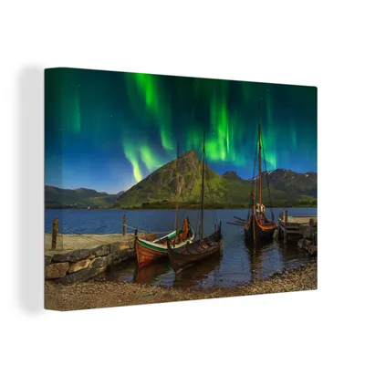 Produktbild von OneMillionCanvasses® - Leinwandbilder - 150x100 cm, Wikingerschiffe unter den Nordlichtern in Norwegen, Wandbilder Kunstdruck Wanddekoration