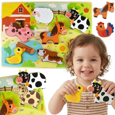 Zdjęcie produktu dla Tooky Toy Drewniane Puzzle Montessori Zwierzątka Farma Dopasuj Kształty