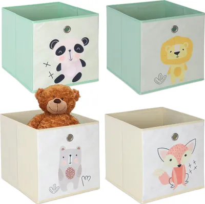 Immagine prodotto di Set da 4 Relaxdays, contenitori per bambini, graziosi motivi con animaletti, contenitori pieghevoli per scaffali a cubi, dimensioni: 30x30x30 cm, tessuto, colorati