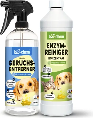 Produktbild von bio-chem Geruchsentferner Set | Hundegeruchsentferner Spray + Enzymreiniger Konzentrat | Mikrobiologisch & effektiv | Gegen Tiergeruch auf Textilien & Oberflächen