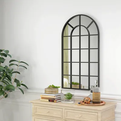 Produktbild von Wandspiegel Bogenform, Garderobenspiegel Fensteroptik, Dekospiegel, Schwarz | 110 x 65 cm | Glas mit Splitterschutzfolie | Aluminiumrahmen