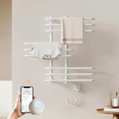 Produktbild von EMKE Elektrischer Handtuchheizkörper, APP Steuerung LED Touchscreen mit Timer, Handtuchtrockner 70x66cm 375W Glänzend Weiß