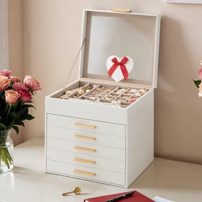 Immagine prodotto di Scatola portagioie a 6 scomparti con coperchio in vetro | Color oro bianco | 23,1 x 20,3 x 22,8 cm