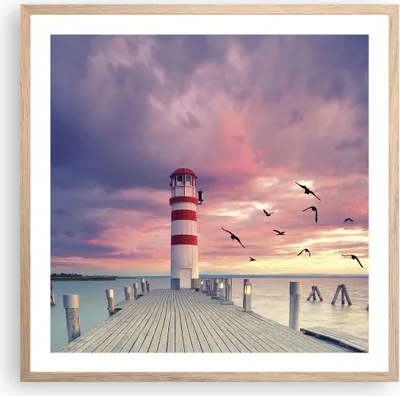 Produktbild von Gerahmtes Poster - Rahmen in heller Eiche - Laterne Meer Küste - 60x60 cm - Wand Bild - Wanddeko - Wandbilder - Kunstposter - Wandposter - Bilderrahmen - Bilder - Kunstdruck - P2NAC60x60-4978