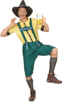 Obrázok produktu pre Bavorský kostým lederhosen pre mužov s klobúkom zeleno-žltej farby L