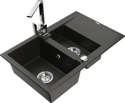 Produktbild von Mexen Gaspar 1,5-Becken-Granitspüle mit Abtropffläche und Mischbatterie Rita, Schwarz/Gold - 6507-75-670300-00