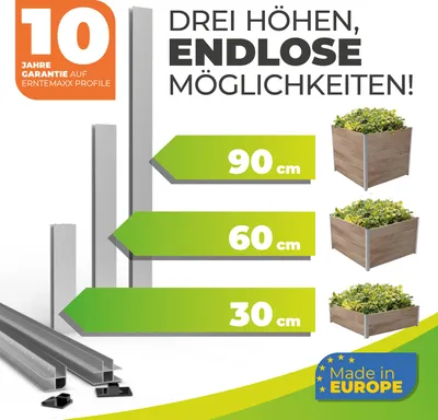 Marketing image showing different heights of planter boxes and their components.