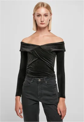 Image de Urban Classics Ladies Velvet Rib Crossed Off Shoulder Longsleeve noir - XL