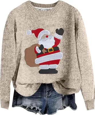 Produktbild von ASKSA Damen Lustige Weihnachtspullover  Winter Rundhals Pulli Christmas Sweater Langarm Oberteile Warm Weihnachtspulli,C-Beige,S