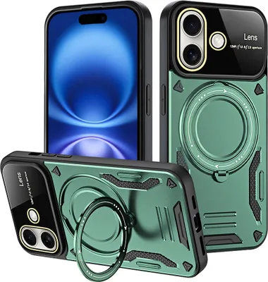Produktbild von Rüstung Handyhülle für iPhone 16 Dual-Layer Magnetisches Ringhalter Ständer Magsafe Hülle Grün