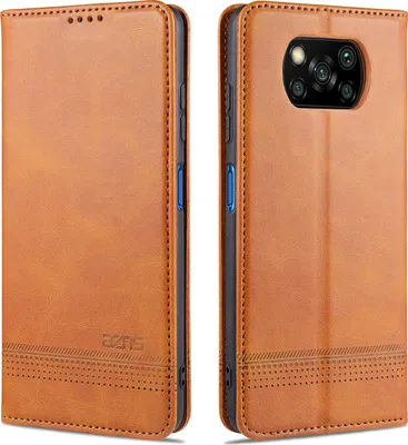 A brown leather flip case for a smartphone is shown from two angles.