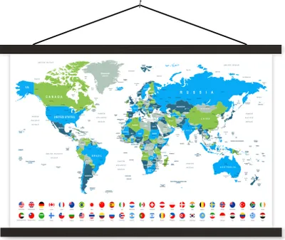 Produktbild von MuchoWow® Textilposter Weltkarte - Flagge - Blau - Grün 90x60 cm mit schwarzem Rahmen - Aufhängungssatz