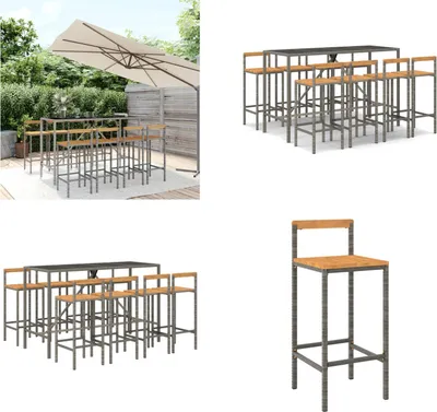 Produktbild von vidaXL 9 tlg. Gartenbar Set Grau Poly Rattan & Massivholz Akazie - Gartenbar Set - Gartenbar Sets - Garten Bar Set - Gartenbar