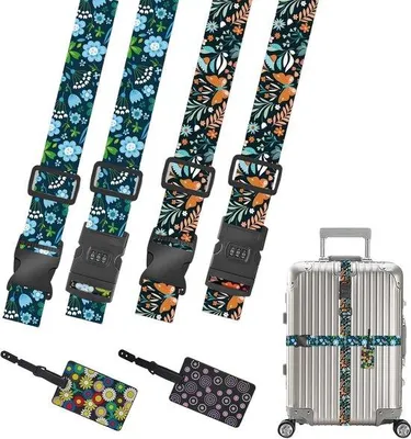 Productafbeelding van 4x Kofferriemen Set met Slot en Naambadges - Verstelbare Bagageriemen voor Koffers