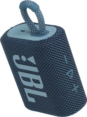 A blue JBL Go 3 portable speaker.