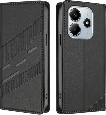 A black leather flip case for a smartphone is shown from two angles, open and closed.
