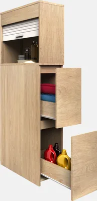 Image de Meuble de niche de mobilier de salle de bain | Dimensions: H. 131 x W. 25 x D. 48 cm | Séparateur de chambre | 2 tiroirs | 1 grand compartiment ouvert avec volet roulant - Tasalo