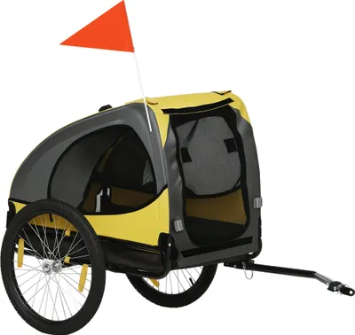 Zdjęcie produktu dla Przyczepka rowerowa dla psa PawHut, składana, szybkozłączka, wodoodporna, tkanina Oxford, stal, 140 x 71 x 83 cm, żółta