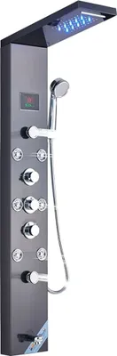 Obrázok produktu pre Linuode luxusný čierny / kartáčovaný kúpeľňový LED sprchový panel vežový systém nástenná batéria ručná sprcha SPA masážny teplotný displej, 8009 čierna
