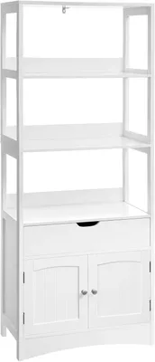 Produktbild von Hoher Badezimmerschrank - Säulenschrank mit 3 offenen Fächern - Schublade und Türen - MDF - Weiß