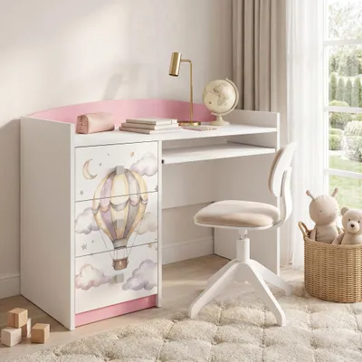 Produktbild von Schreibtisch Rosa für Kinder mit Motiv, Jugendschreibtisch Schülerschreibtisch mit viel Stauraum, PC-Tisch Lerntisch für Mädchen, KI-generiertes Bild