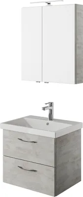 Produktbild von Badezimmer Waschplatz Set in Oxid Hellgrau mit Keramik Waschbecken und LED Beleuchtung VILLATORO-66, B/H/T ca. 60/200/45 cm