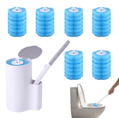 Produktbild von Einweg-Toilettenbürste - Mit 48 Reiniger-Nachfüllungen und verlängertem Griff - Zur hygienischen Bad- und Toilettenreinigung - Inklusive Wandhalterung
