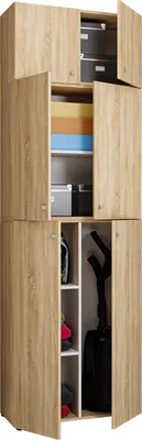 Immagine prodotto di Armadio scopa in legno | 6 scomparti | Dimensioni: H. 223 x W. 70 x D. 39 cm | Armadio per la casa | Armadio multiuso | Collegamento con due porte - Lona