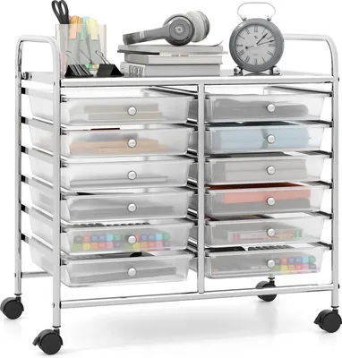 Produktbild von Rollwagen mit Schubladen, Küchenwagen mit Rollen, große Arbeitsplatte, Seitengriffe, glatte Schienen und Knöpfe, Beistellwagen, Transparent