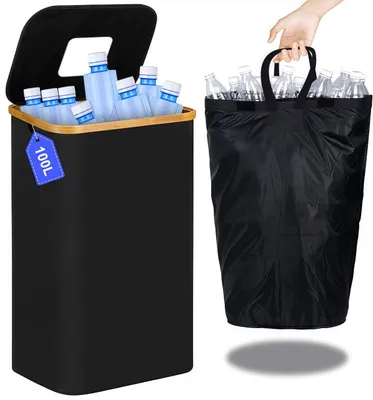Produktbild von Pfandflaschen Sammelbehälter mit Deckel, 100L Groß Pfandflaschen Aufbewahrung, Flaschensammler mit Tragetasche, Schwarz