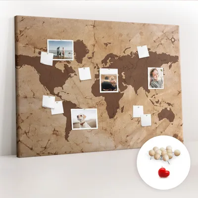 Imagen del producto de Tablero de corcho con chinchetas – Tablero con chinchetas para fotografías y notas – 140x100 cm – 100 chinchetas de madera – Mapa del mundo de estilo vintage