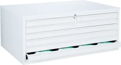 A white metal cabinet with multiple drawers, some of which are open to reveal contents.