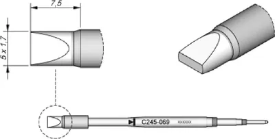 Obrázek produktu pro JBC pájecí hrot řady C245 dlátovitého tvaru, C245069/5,0 x 1,7 mm, rovný C245069