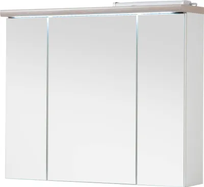 A three-door mirrored cabinet with integrated LED lighting.