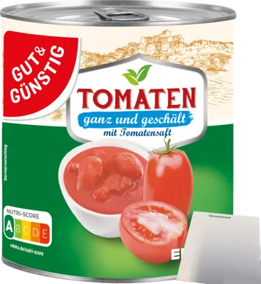 Produktbild von Gut & Günstig Tomaten ganz geschält mit Tomatensaft (800g Dose) + usy Block