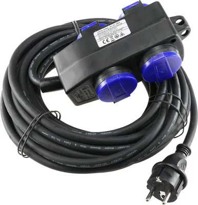 Zdjęcie produktu dla ChiliTec przedłużacz 4-kierunkowy gniazdo zewnętrzne 10m kabel Powerblock 4 gniazda bezpieczeństwa z pokrywą na zawiasach - kabel budowlany IP44 gumowe oczko kablowe do zawieszenia niebieski czarny