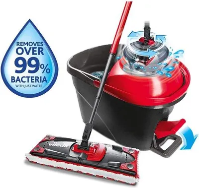 Obrázek produktu pro Sada Unyqoos® Vileda UltraMat Turbo pro vytírání podlah, včetně teleskopické rukojeti (80–130 cm), 2v1: mikrovláknový mop a kbelík s odstředivkou (objem 6000 ml), červená/černá, 2 kusy.