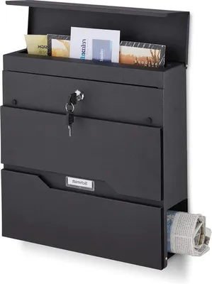 Produktbild von Famanu Briefkasten mit Zeitungsrolle - 37 x 37 x 11 cm - Modernes Design - Schloss und 2 Schlüssel - Breite Einwurföffnung - Stahl - Schwarz