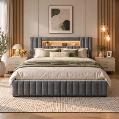 Immagine prodotto di Letto imbottito INONEFT, 140x200 cm, con LED, con sistema di sollevamento idraulico per lo spazio contenitivo, letto matrimoniale per ragazzi con spazio contenitivo nella testiera, struttura del letto con rete a doghe, rivestito in velluto grigio, Immagine generata dall'IA