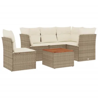 Produktbild von Modulares Garten-Loungeset, 6-teilig, mit Stauraum, Poly Rattan Beige, Akazienholz-Tisch, UV-beständig, waschbare Kissen Cremeweiß