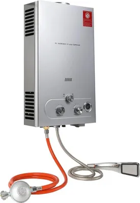 Obrázek produktu pro Průtokový plynový ohřívač vody 12 l – ohřívač vody na LPG (propan) – průtokový ohřívač pro sprchu – okamžitý přísun teplé vody – nerezová ocel – včetně sprchové hlavice a redukce tlaku plynu – šedý