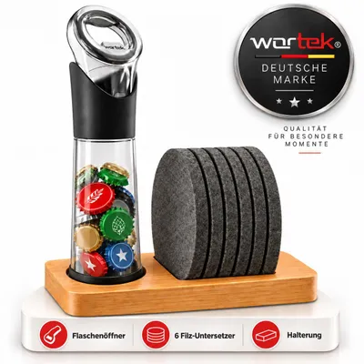 Produktbild von wortek Flaschenöffner und Filz Untersetzer Gläser Set mit Holzhalterung Glasuntersetzer Küchen Gadgets Glas Untersetzer-Set