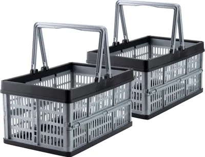 Produktbild von Kleine klappbare Klappbox mit Griff - 2er Set 16 L, grau, faltbare Kunststoff Faltbox, stapelbar, Einkaufskorb und Kofferraum-Organizer
