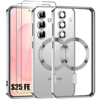 Image de Coque + 2 Verres Trempés pour Samsung Galaxy S25 FE, Silicone avec Cercle Magnétique Protection Caméra - Argenté