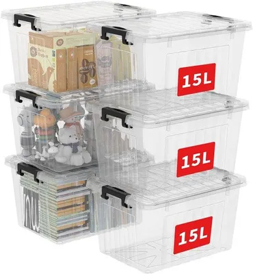 Produktbild von Famanu Aufbewahrungsboxen 15 l, Set von 6 Stück, stapelbare Kunststoffboxen mit Deckeln und Clips, transparent