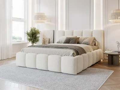 Produktbild von FurniDe24 Polsterbett Venus 200x200 cm - Bett 200x200, Polsterbett mit Bettkasten & Lattenrost - Bouclé-Stoff - Bett Weiß (Quelle 1)