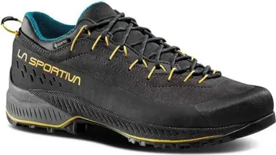A single black hiking shoe with yellow laces and accents is shown against a white background.