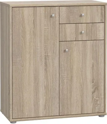 A light brown wooden cabinet with two doors and three drawers.