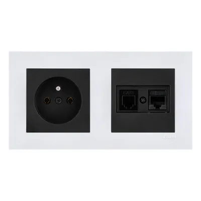 Image de Prise simple + prise informatique RJ45 cat. 6 + prise téléphonique RJ11 noire + double cadre KARELL blanc EXEN